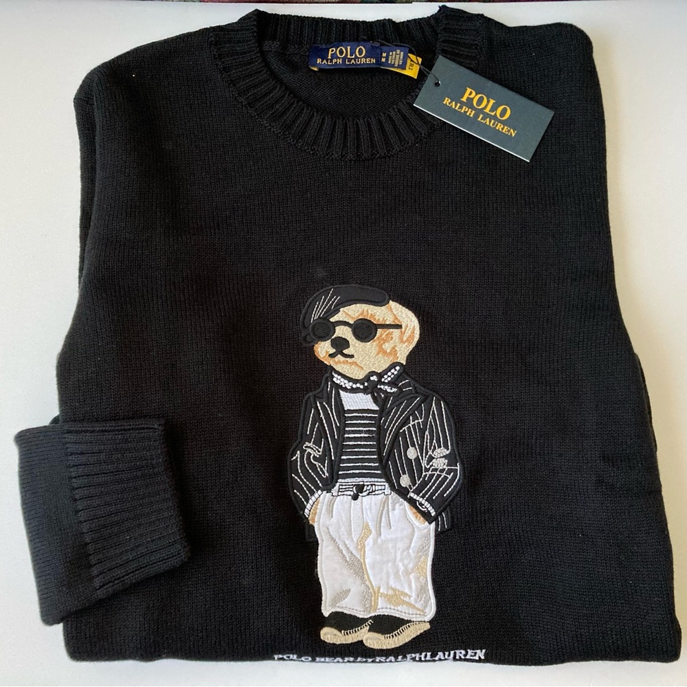 Polo Ralph Lauren Men’s Bear Knit Sweater M Black 100% Cotton Crewneck New - Picture 5 of 6